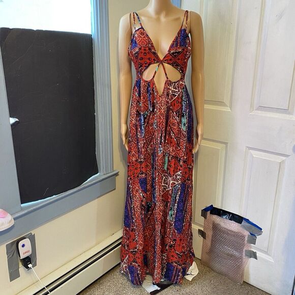 Women Bohemian Maxi Dress M Sexy Cut Out Babydoll Cottagecore Romantic Coastal - Picture 14 of 14